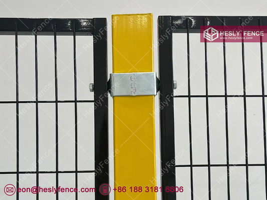 سياج أمان المستودع. سياج حراس الآلات. ارتفاع 2 متر × 1.0 متر. عمود أصفر. لوحة شبكة إطار أسود. سياج Hesly. المزود