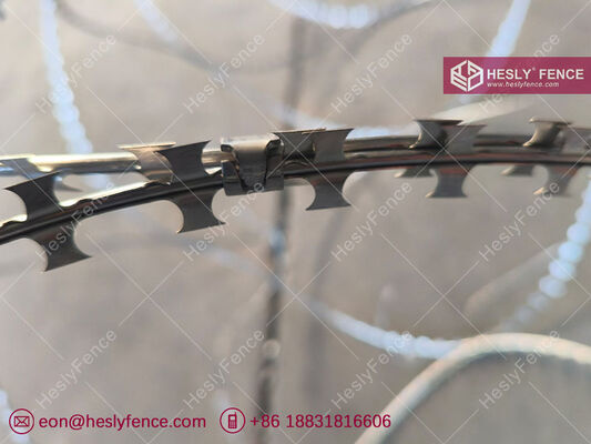 ملف الأسلاك الشائكة كونسرتينا BTO-10، ملف قطره 600 مم، أسلاك الفولاذ المجلفنة بالغمس الساخن، العلامة التجارية HESLY، مصدر صيني المزود