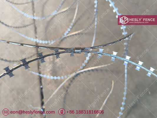 ملف الأسلاك الشائكة كونسرتينا BTO-10، ملف قطره 600 مم، أسلاك الفولاذ المجلفنة بالغمس الساخن، العلامة التجارية HESLY، مصدر صيني المزود